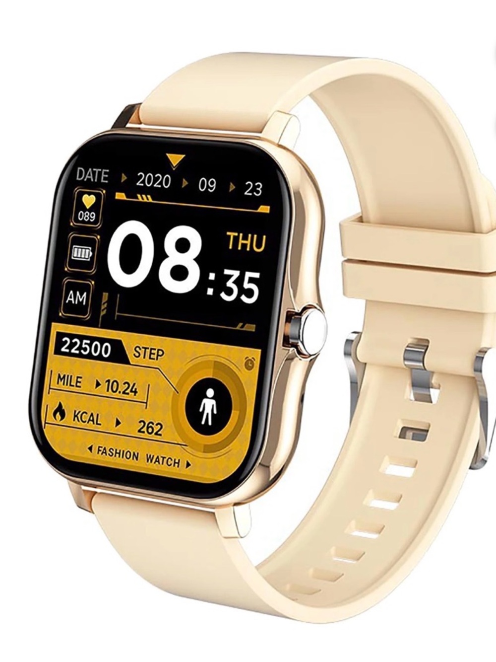 Cream Smartwatch with Silicone Band - Elegant Fitness Watch
